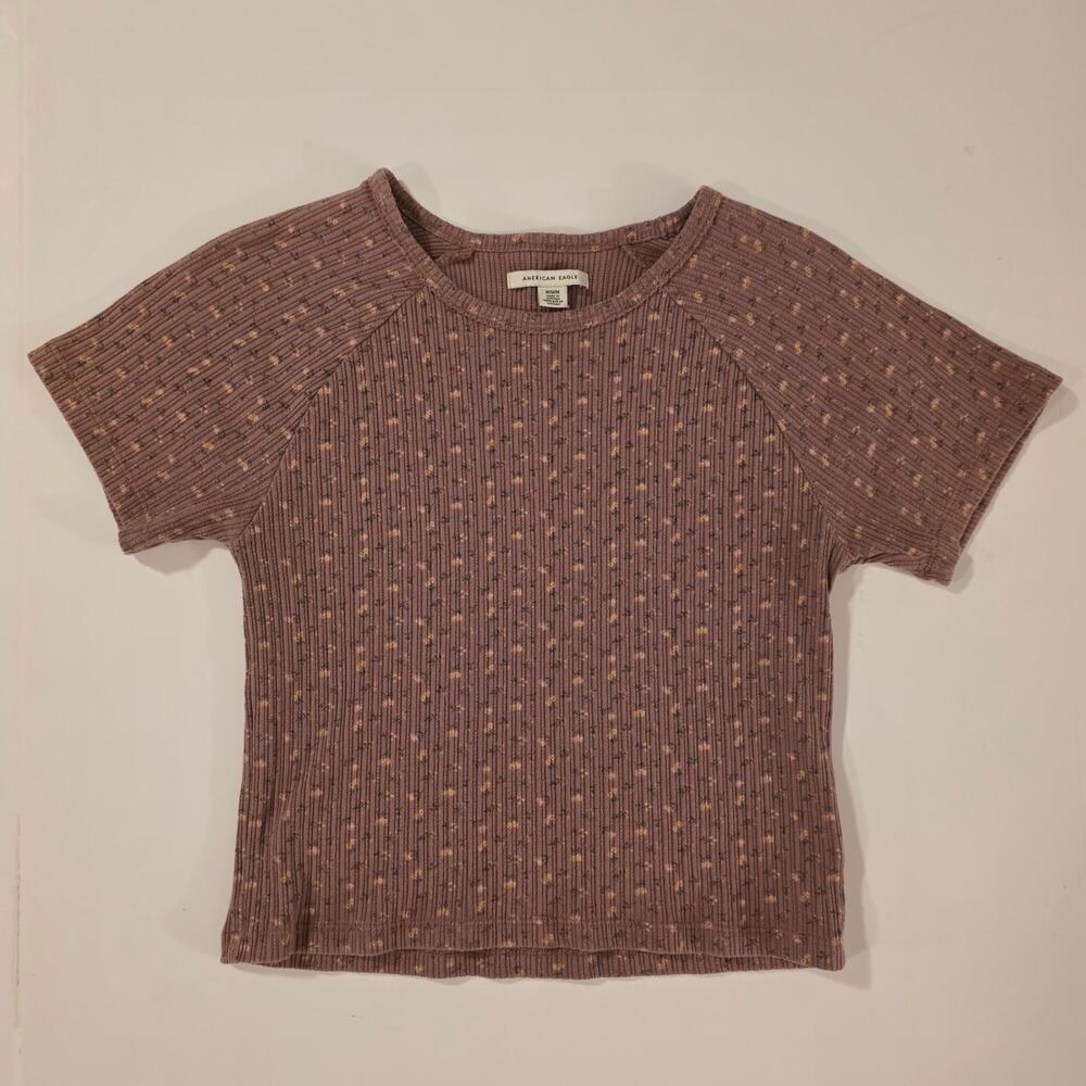 American Eagle Medium Crop Top Ribbed Micro Floral Mauve